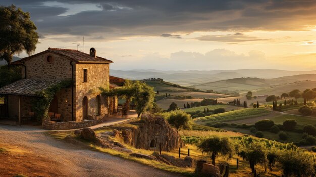 A charming house perched on a hill as the setting sun creates a stunning backdrop