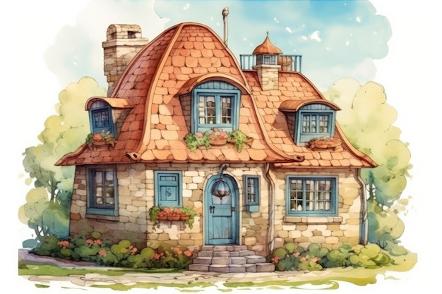 Charming house with a blue door and windows Generative AI