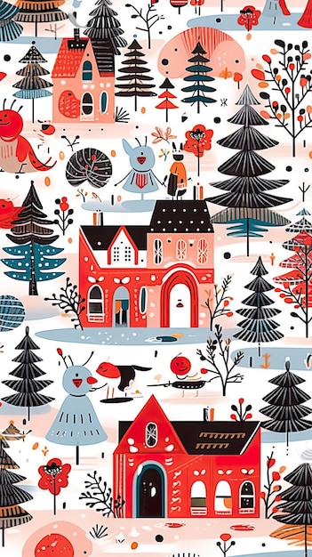 Charming houses of a picturesque winter town A peaceful Christmas wonderland AI generative Xmas postcard design