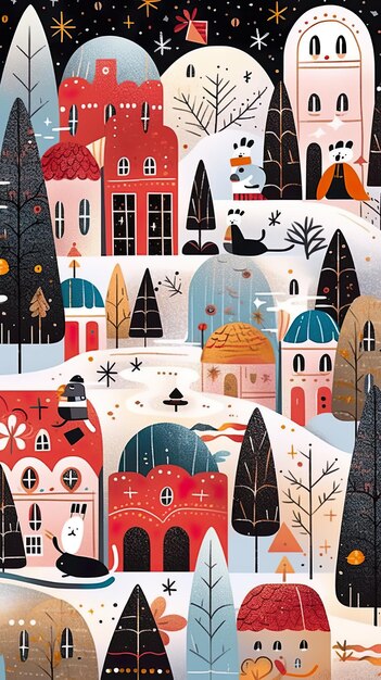 Charming houses of a picturesque winter town A peaceful Christmas wonderland AI generative Xmas postcard design