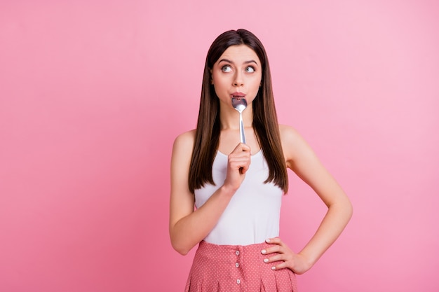 charming hungry lady lick spoon enjoy breakfast lunch