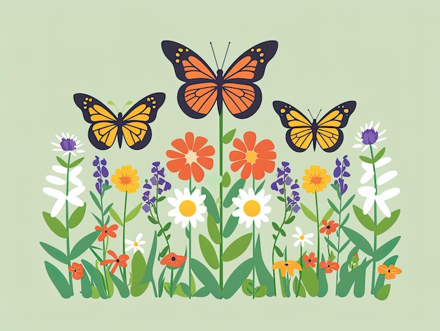 Photo a charming illustration of colorful butterflies fluttering above a wildflower meadow symbolizing