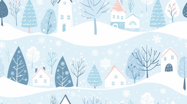 Charming illustration of a winter village with pastel houses and trees on a white background forming a seamless pattern Festive decor