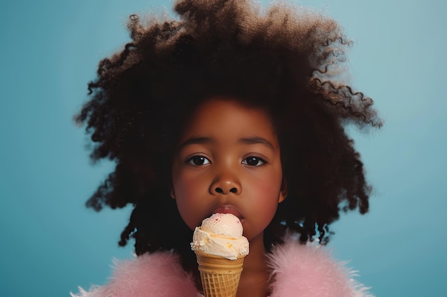 Charming image of a 7yearold AfroAmerican girl joyfully eating an ice cream cone radiating