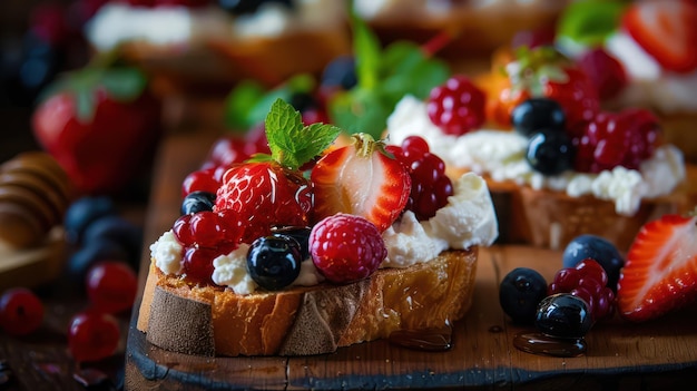 Photo a charming image of a breakfast bruschetta with toasted bread topped with ricotta