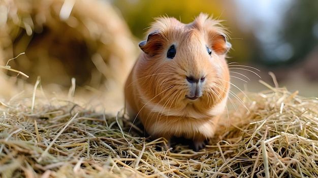 A charming image of a guinea pig munching on fresh hay capturing its adorable and gentle nature