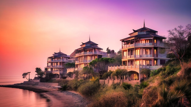 A charming image of highend ocean view villas bathed in the warm soothing light of a setting sun providing a perfect summer escape