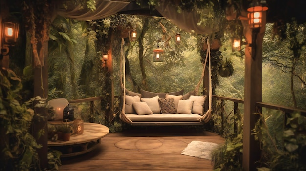 A charming image of an openair lounge in the canopy offering a tranquil haven for relaxation and connection with nature