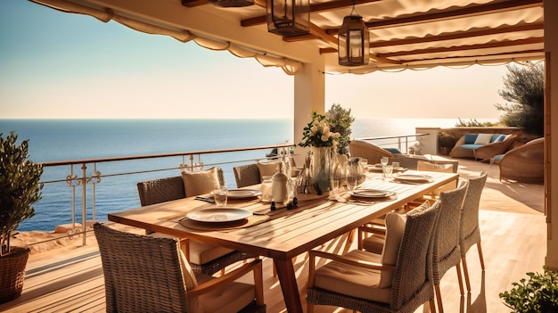 A charming image of a posh summer villa featuring a beautifully set outdoor dining area overlooking the picturesque coastline