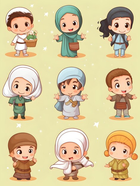 Photo charming of introduction to islam for diverse muslim children in various poses