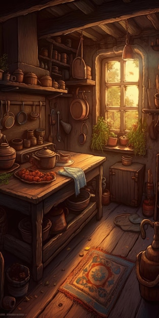 Charming Italian Kitchen Illustration with Cozy Atmosphere