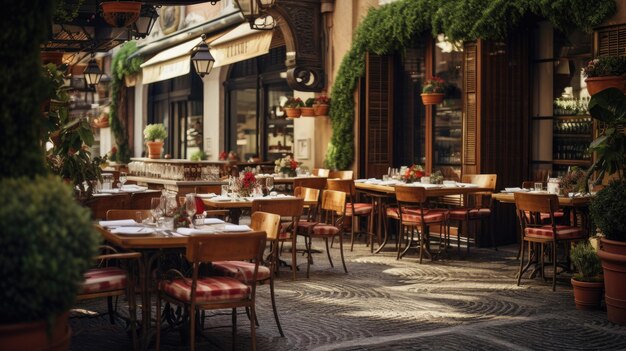 Foto affascinante trattoria italiana con tavoli apparecchiati con piatti di pasta alla carbonara e pizza margherita