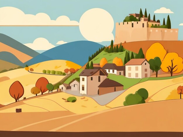 Charming italian village whimsical cartoon landscape drawing