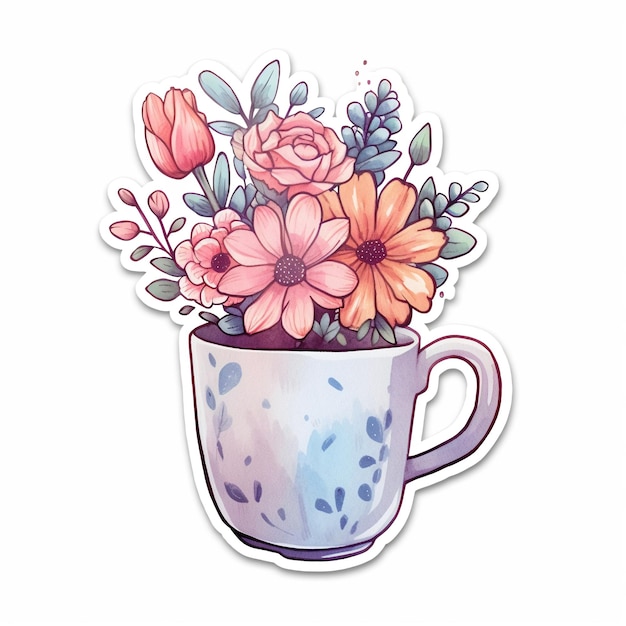 Charming kawaiistyle watercolor sticker featuring a mug brimming with vibrant blooming flowers ideal for stationery and decoration themes