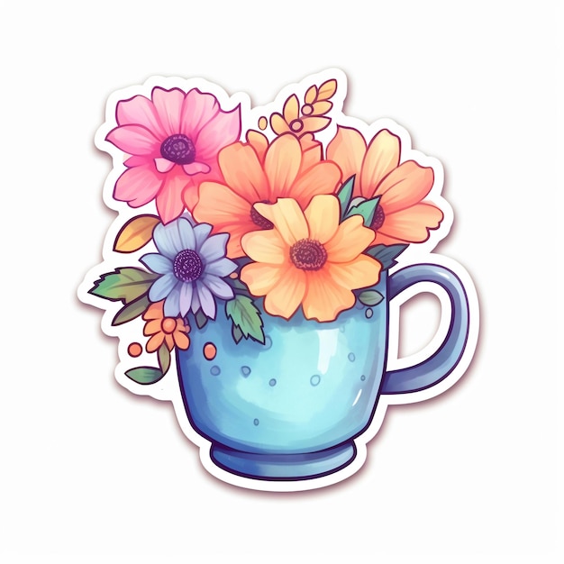 Charming kawaiistyle watercolor sticker featuring a mug brimming with vibrant blooming flowers ideal for stationery and decoration themes