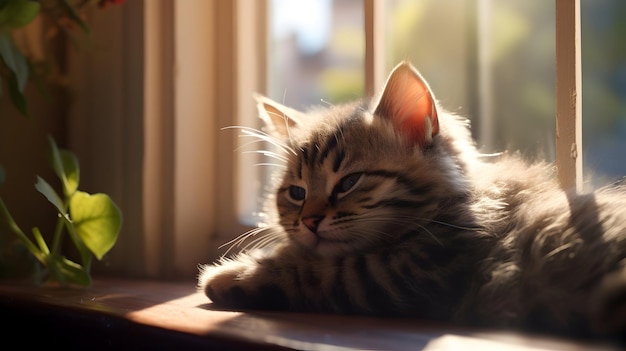 A charming kitten curled up on a sunlit windowsill