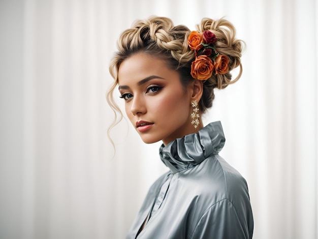 A charming lady with a sophisticated updo hairstyle that incorporates braids or flowers