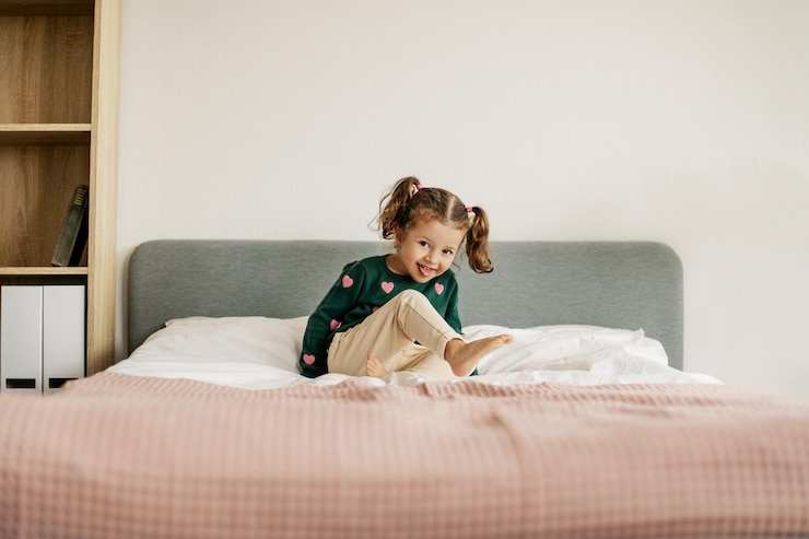 Photo a charming little girl jumps on the bed and laughs