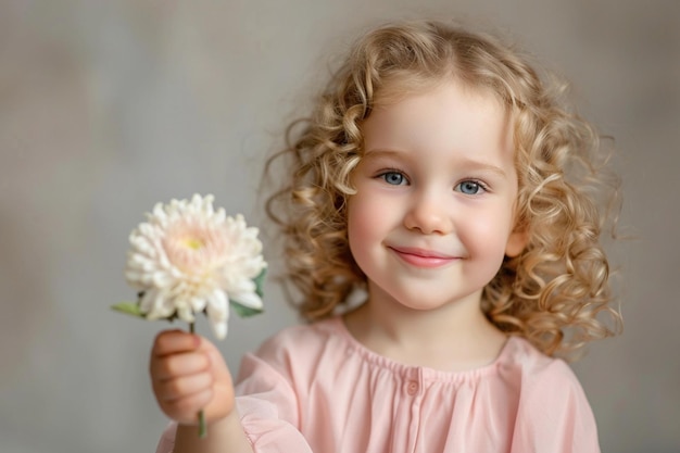 a charming little girl with light curly hair on a light background holds a chrysanthemum in her hand and smilesconcept of congratulations on international womens Day and mothers Dayadvertising