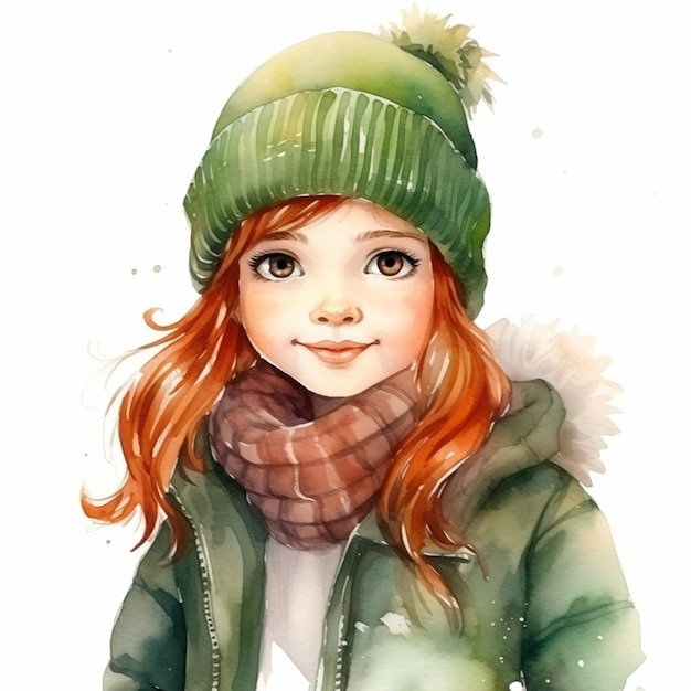 charming little girl with red hair in a green jacket and a green hatwatercolor illustration