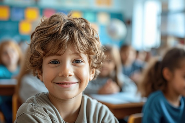 A charming little guy grinning in a school Generative Ai