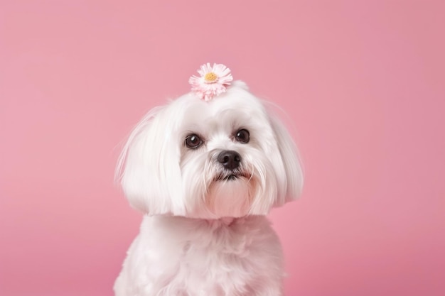 Charming little maltese lapdog photo shoot in the studio on a pink background