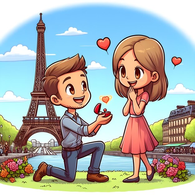 写真 エッフェル塔 で の 魅力 的 な 結婚 プロポーズ が アニメーション で 描か れ て いる