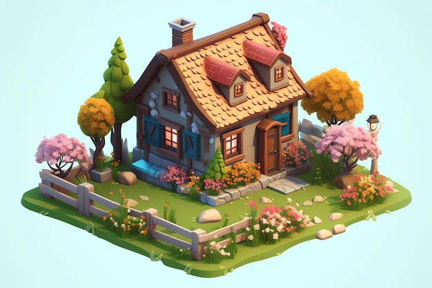 A charming meadow cottage surrounded by blooming flower