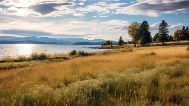 Photo charming meadow of flathead lake waterfront with stunning views