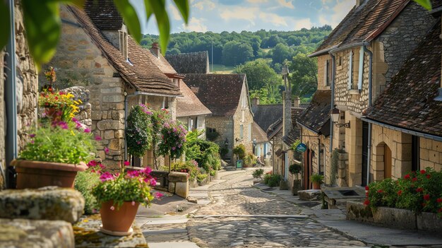 사진 작은 프랑스 마을 의 매력적 인 은 거리 에서 돌집 과 비 에 있는 다채로운 꽃 들