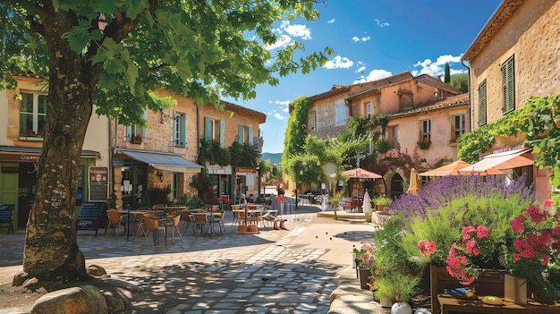 Photo charming narrow street in the old town of gordes france with stone houses cafes and colorful flowers in the summer