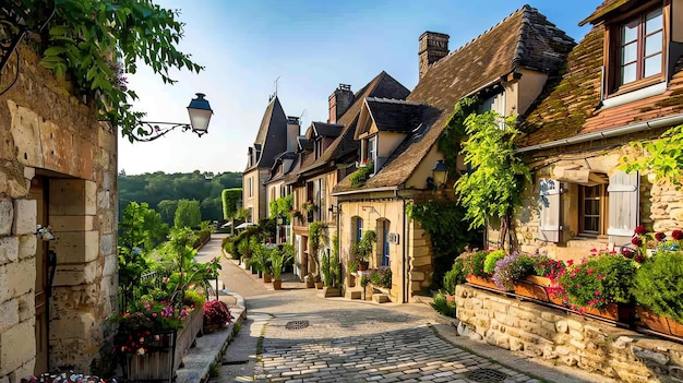 Foto una strada stretta e affascinante in una piccola città francese le case sono costruite in pietra e hanno persiane di legno