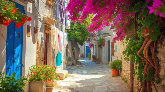 Charming narrow street with colorful flowers in pots and hanging baskets Traditional stone houses with wooden shutters and doors Cobblestone street