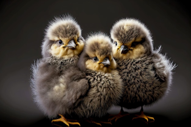 Charming newborn fluffy chicks with thin legs on gray background