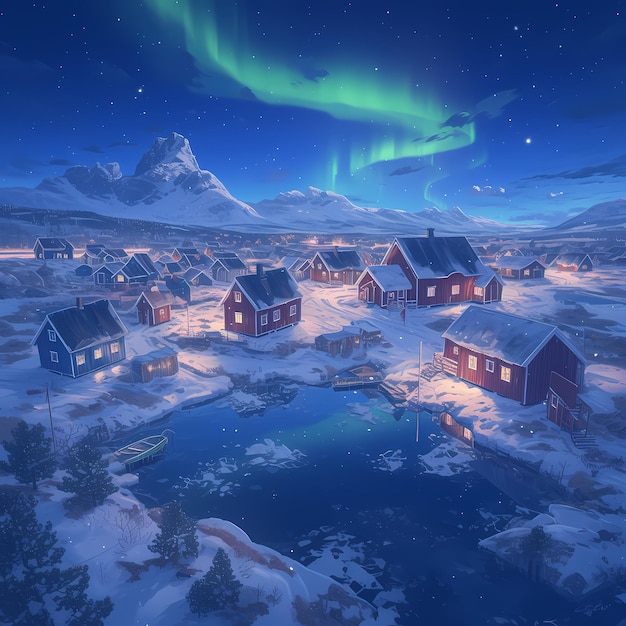 写真 北欧 の 魅力 的 な 村 雪 の 景色 と 北極 光 の 中 で
