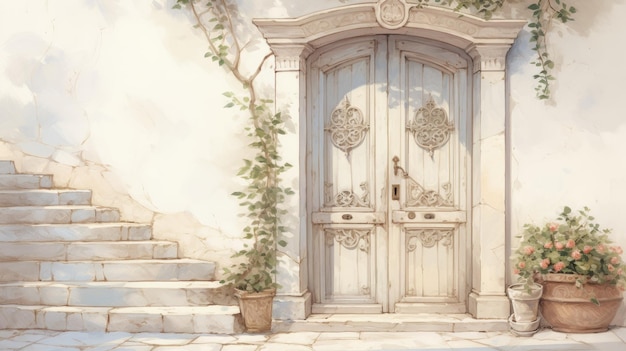 a charming and nostalgic illustration of a traditional Greek house door