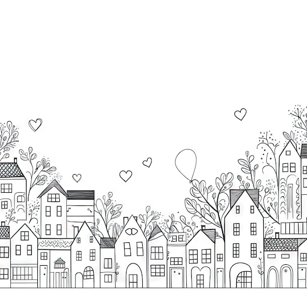 Очаровательный рисунок OneLine домов, деревьев и сердца в горизонтальном узоре