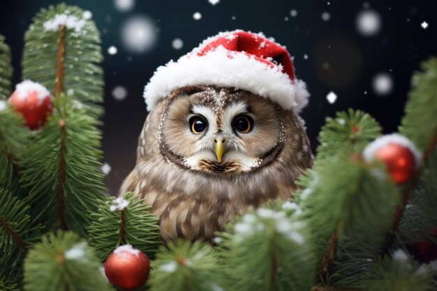 A charming owl dons a Santa Claus hat perched amidst the dense spruce branches