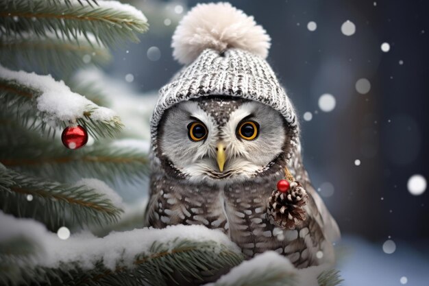 A charming owl dons a Santa Claus hat perched amidst the dense spruce branches