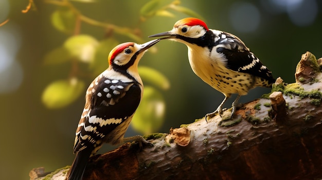 A charming pair of woodpeckers tapping on tree trunks