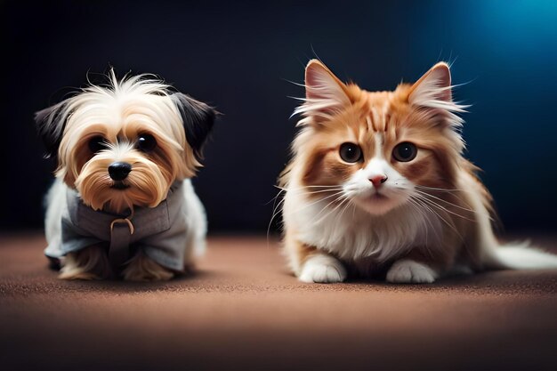 Photo charming pampered pets play side by side looking alert generated