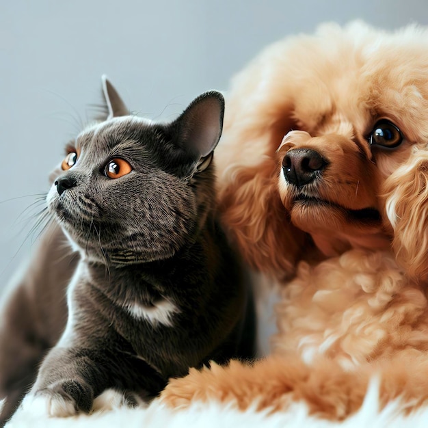 Photo charming pampered pets play side by side looking alert