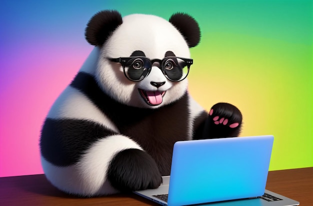 Charming panda in glasses with open mouth sitting at laptop Generative AI