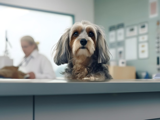 Очаровательная фотография пожилой собаки в кабинете ветеринара с мягким коричневым мехом с оттенками серого
