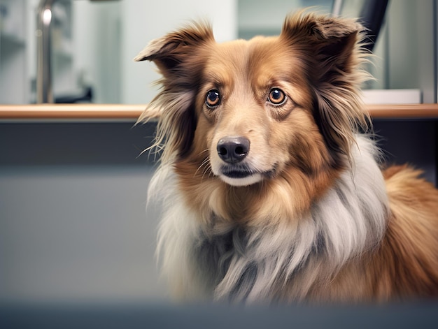 Charming photograph of an elderly dog in a vet's office soft brown fur with touches of gray