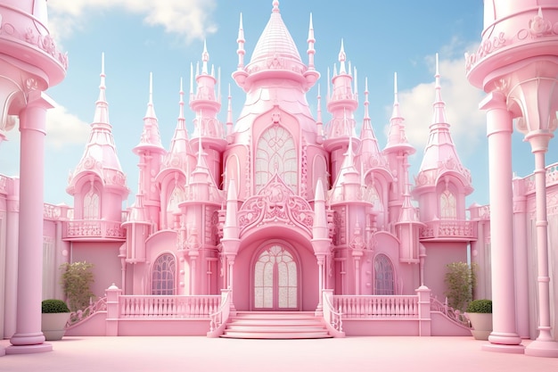 Charming pink castle home in a magical world artfully crafted by Generative AI