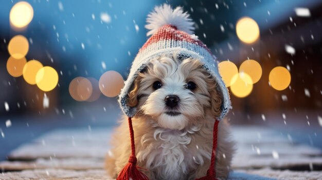 写真 クリスマスの帽子をかぶった可愛い子犬