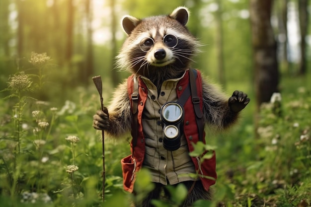 A charming raccoon sporting circular glasses exploring a forest with a compass