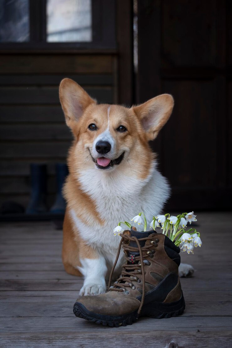 Photo charming red dog welsh corgi pembroke sits near white spring snowdrops in an old trekking boot for travel on a dark background