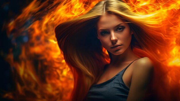Foto affascinante ragazza dai capelli rossi con un piume di fuoco che incarna l'essenza feroce e vibrante della femminilità